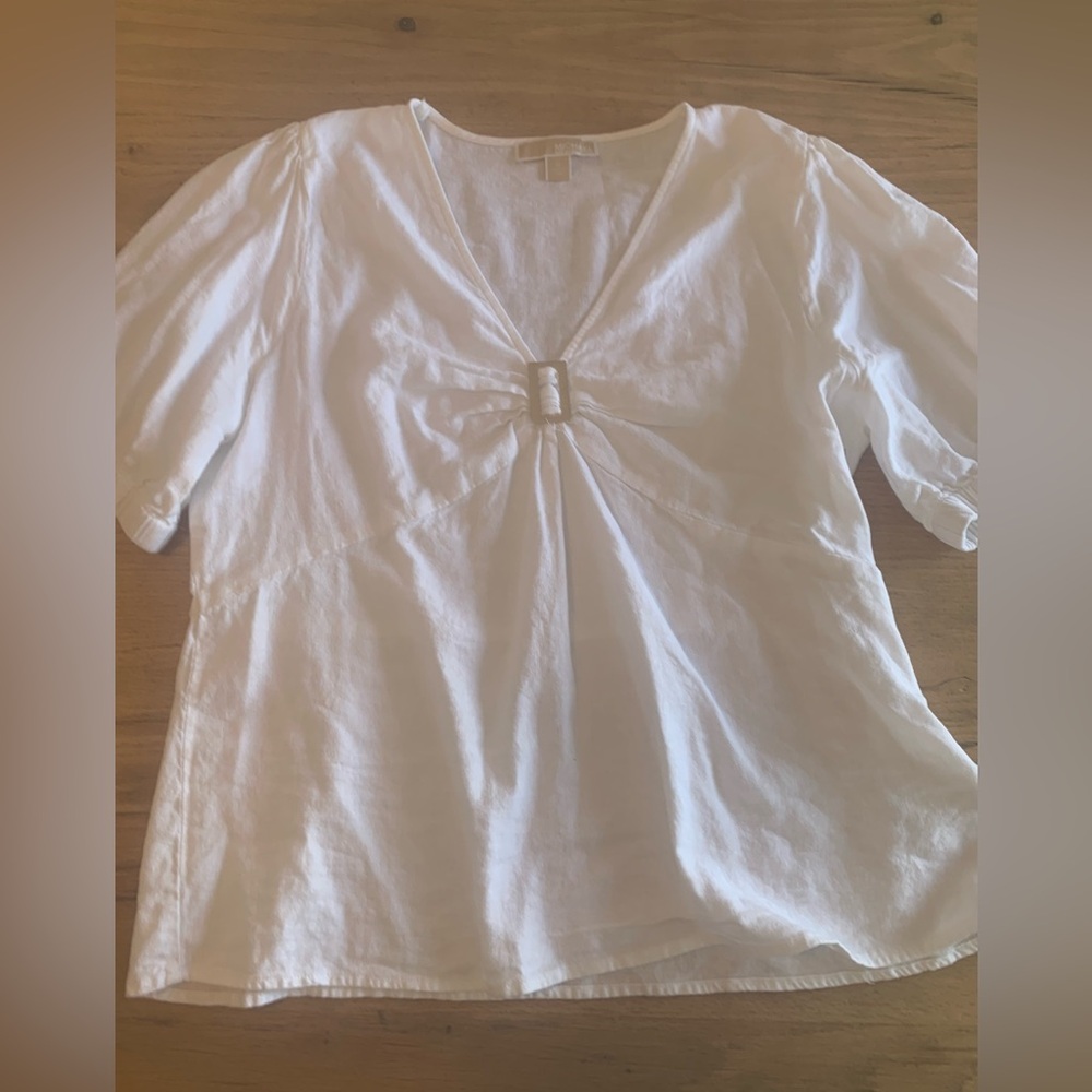 Michael Kors Short Puff Sleeve V Neck Tunic Shirt Cream Gold Metal Women’s XL or